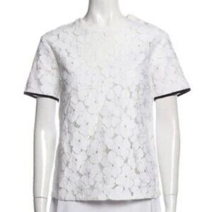 Sandro White Floral Lace Short Sleeve Top with Black Trim